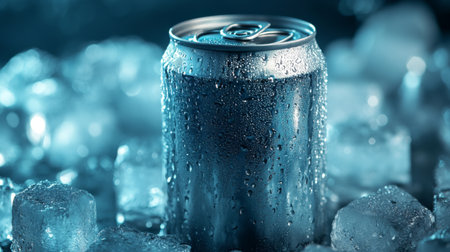 A can of cold drink embedded in ice cubes, condensation dripping down, giving a chilled and invigorating appearance.の素材