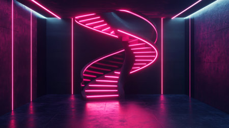 3D rendering of a neon-lit room with black walls and a glowing neon spiral staircaseの素材