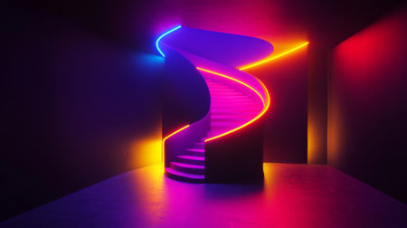 3D rendering of a neon-lit room with black walls and a glowing neon spiral staircaseの素材