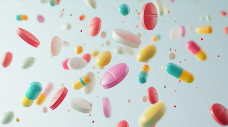 A cascade of colorful pills, in various shapes and sizes, falling onto a light grey backdrop, forming a vibrant display.の素材