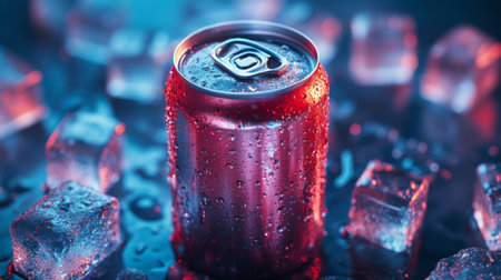 A can of soda surrounded by ice cubes, with condensation droplets making it look chilled and refreshing.の素材