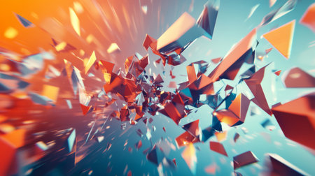 3D rendering of dynamic polygonal shapes in motion, forming an energetic and lively composition.の素材