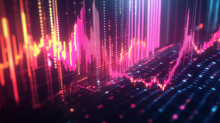 Abstract 3D financial graph with glowing lines and bars illustrating market fluctuations.の素材