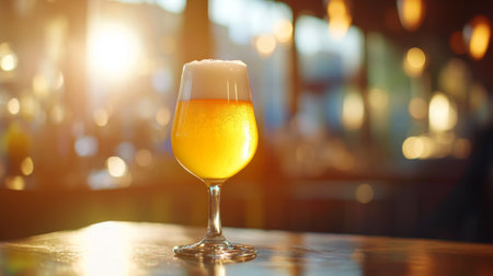 A glass of golden beer with a frothy top, bathed in warm, soft light, exuding a cozy and inviting vibe.の素材