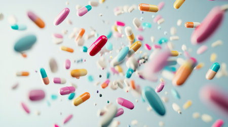 A cascade of colorful pills falling onto a light grey backdrop, creating an energetic and visually appealing scene.の素材
