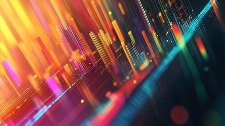 Abstract 3D financial graph with intersecting lines and bars in a vibrant color scheme.の素材
