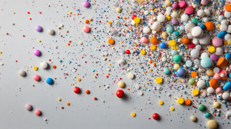 A vibrant mix of colorful pills cascading onto a light grey backdrop, creating a dynamic and visually striking scene.の素材