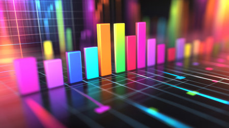 Abstract 3D financial graph with vibrant bars and lines on a grid backgroundの素材