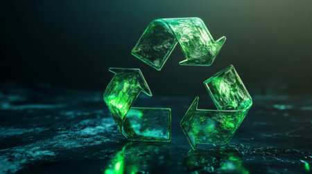 Abstract 3D recycling symbol with radiant green elements, illustrating green initiatives.の素材