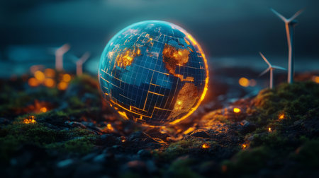 Abstract 3D globe with glowing solar panels and wind turbines, highlighting clean energy.の素材