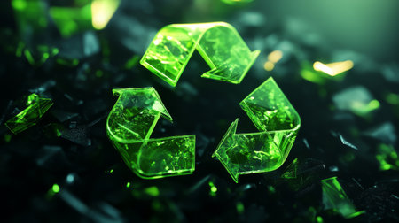 Abstract 3D recycling symbol with radiant green elements on a dark background, emphasizing eco-friendly actions.の素材