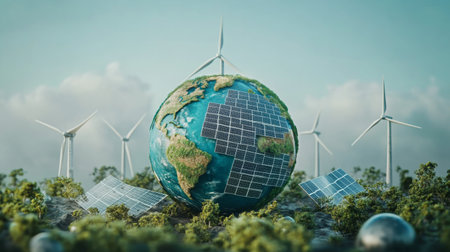 Abstract 3D globe with solar panels and wind turbines, symbolizing renewable energyの素材