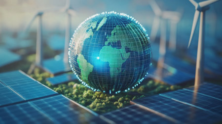Abstract 3D globe with solar panels and wind turbines, highlighting environmental sustainability.の素材
