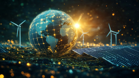 Abstract 3D globe with solar panels and wind turbines, showcasing renewable energy sources.の素材