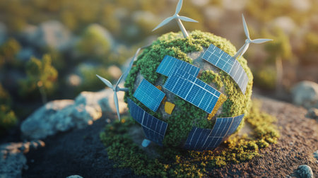 Abstract 3D globe with solar panels and wind turbines, symbolizing a green energy future.の素材