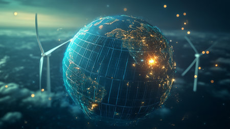 Abstract 3D globe with solar panels and wind turbines, symbolizing renewable power sources.の素材