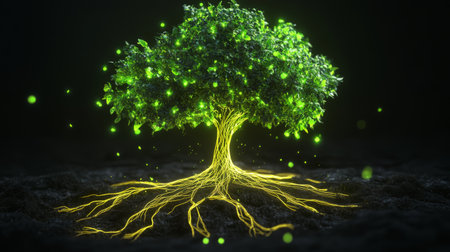 Abstract 3D tree with neon green leaves and roots, representing vitality and connection.の素材