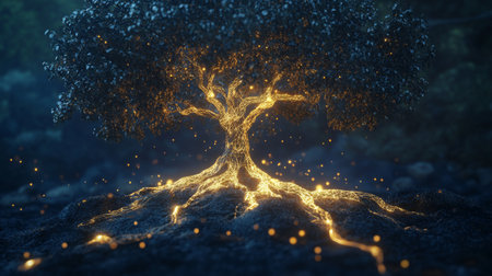 Abstract 3D tree with glowing leaves and roots, highlighting the interconnectedness of nature.の素材