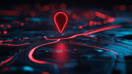 Advanced road system with a red map pin and digital navigation aids.の素材