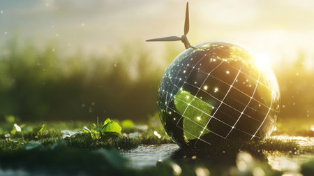 Abstract 3D globe with solar panels and wind turbines, symbolizing a green energy future.の素材