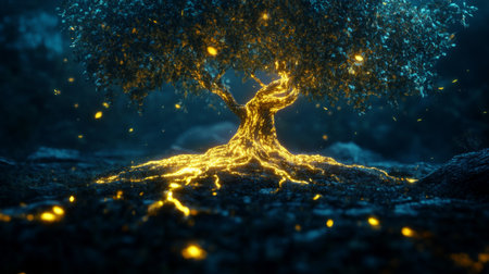 Abstract 3D tree with glowing leaves and roots, creating a magical and enchanting lookの素材
