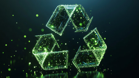 Abstract 3D recycling symbol with radiant green elements, illustrating green initiatives.の素材