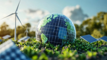 Abstract 3D globe with solar panels and wind turbines, highlighting eco-friendly technology.の素材