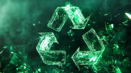 Abstract 3D recycling symbol with radiant green elements, illustrating green initiatives.の素材