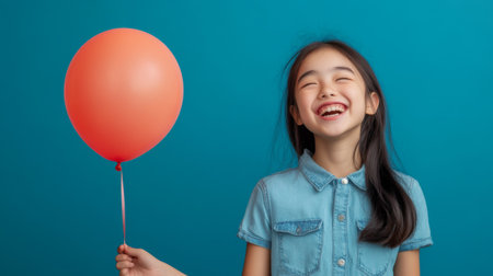Cheerful Asian girl in a denim dress, holding a balloon and looking delighted.の素材