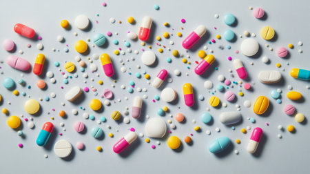 Assorted colorful pills spilling onto a light grey backdrop, creating a dynamic and visually appealing composition.の素材