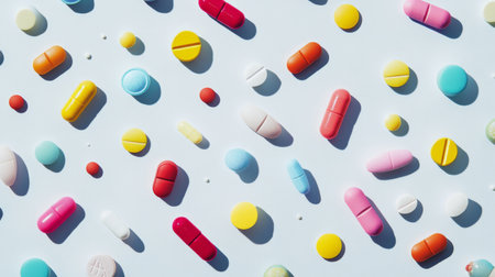 Assorted colorful pills scattering across a light grey backdrop, creating a dynamic and visually striking scene.の素材