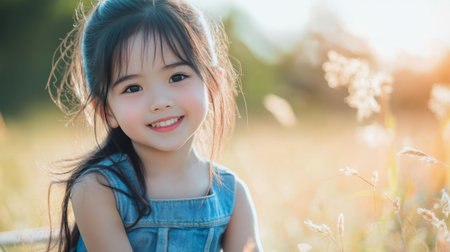 Cheerful Asian girl in a denim dress, sitting on a fence, looking content and happy.の素材