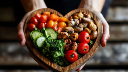 Close-up of a nutritionist's hand holding a heart-shaped dish with a variety of fresh veggies.の素材