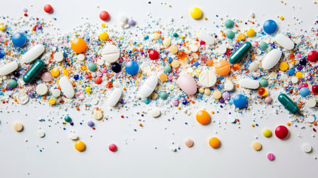 Assorted colorful pills scattering across a light grey backdrop, creating a dynamic and visually striking scene.の素材