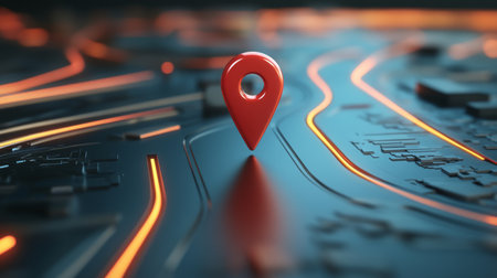 Advanced transportation system with a red map pin on a high-tech road.の素材