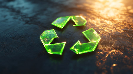Bright 3D recycling symbol with luminous green arrows, promoting eco-friendly actions.の素材