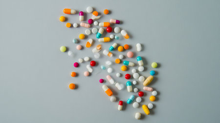 Assorted colorful pills tumbling down onto a light grey backdrop, forming a lively and eye-catching composition.の素材