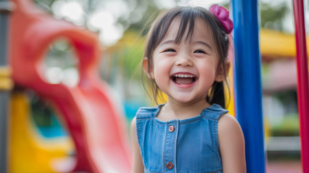 Cheerful Asian girl in a denim dress, laughing and having fun in a playground.の素材