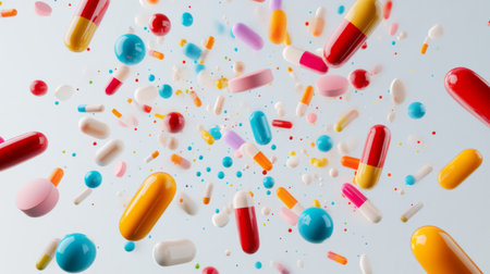 Assorted colorful pills spilling onto a light grey backdrop, creating a dynamic and visually appealing composition.の素材