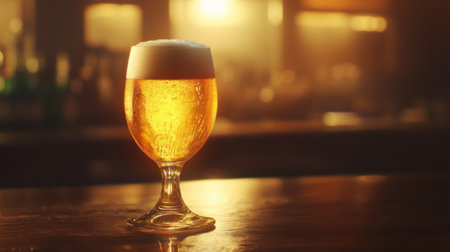 Beer in a glass, golden in color, with a frothy head, softly illuminated by warm light for a cozy feel.の素材