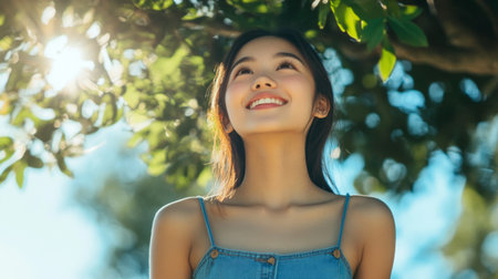 Cheerful Asian girl in a denim dress, standing under a tree, looking up with a joyful smile.の素材