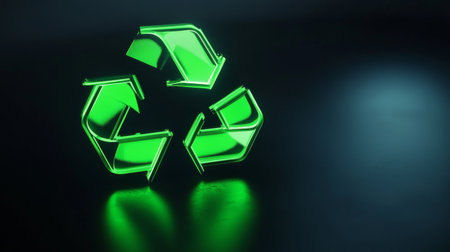 Bright 3D recycling symbol with luminous green arrows, promoting eco-friendly actions.の素材