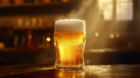 Beer in a glass, glowing golden under warm, soft light, with a frothy head that adds to its appeal.の素材