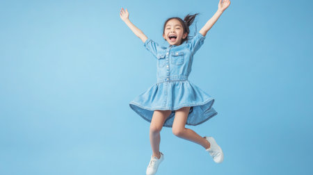 Cheerful Asian girl in a denim dress, jumping in the air with excitement and joy.の素材