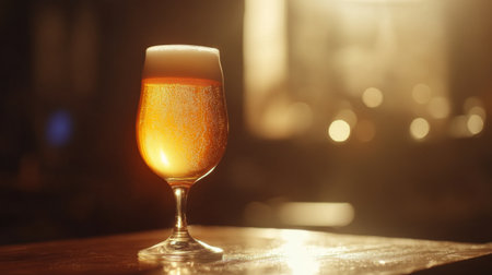 Beer in a glass with a golden glow and frothy head, warmly lit by soft light, creating a comforting image.の素材