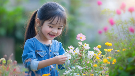 Cheerful Asian girl in a denim dress, playing with flowers in a garden, radiating happiness.の素材
