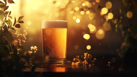 Beer with a golden hue and frothy head, softly illuminated by warm light, creating a comforting scene.の素材