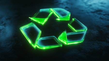 Bright 3D recycling symbol with glowing green arrows, promoting sustainable practices.の素材