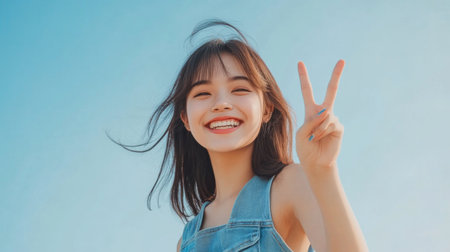 Cheerful Asian girl in a denim dress, posing with a peace sign and a bright smile.の素材