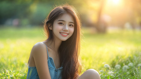 Cheerful Asian girl in a denim dress, sitting on the grass, enjoying a sunny day with a smile.の素材